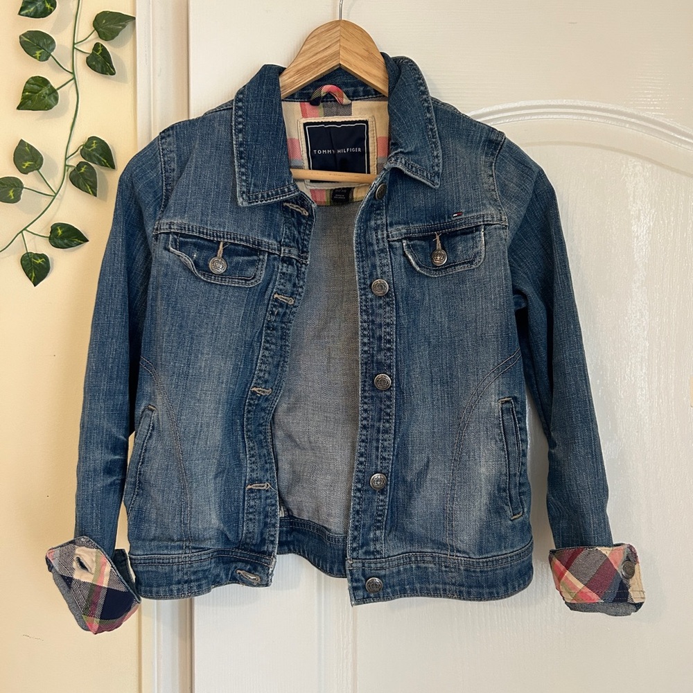 Tommy Hilfiger Girl Denim Jacket with Plaid Cuffs